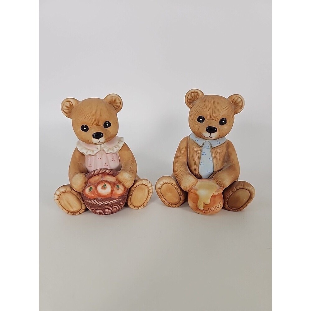 HOMCO CERAMIC BEAR BOY w/HONEY POT & GIRL w/APPLE BASKET FIGURINES #1405